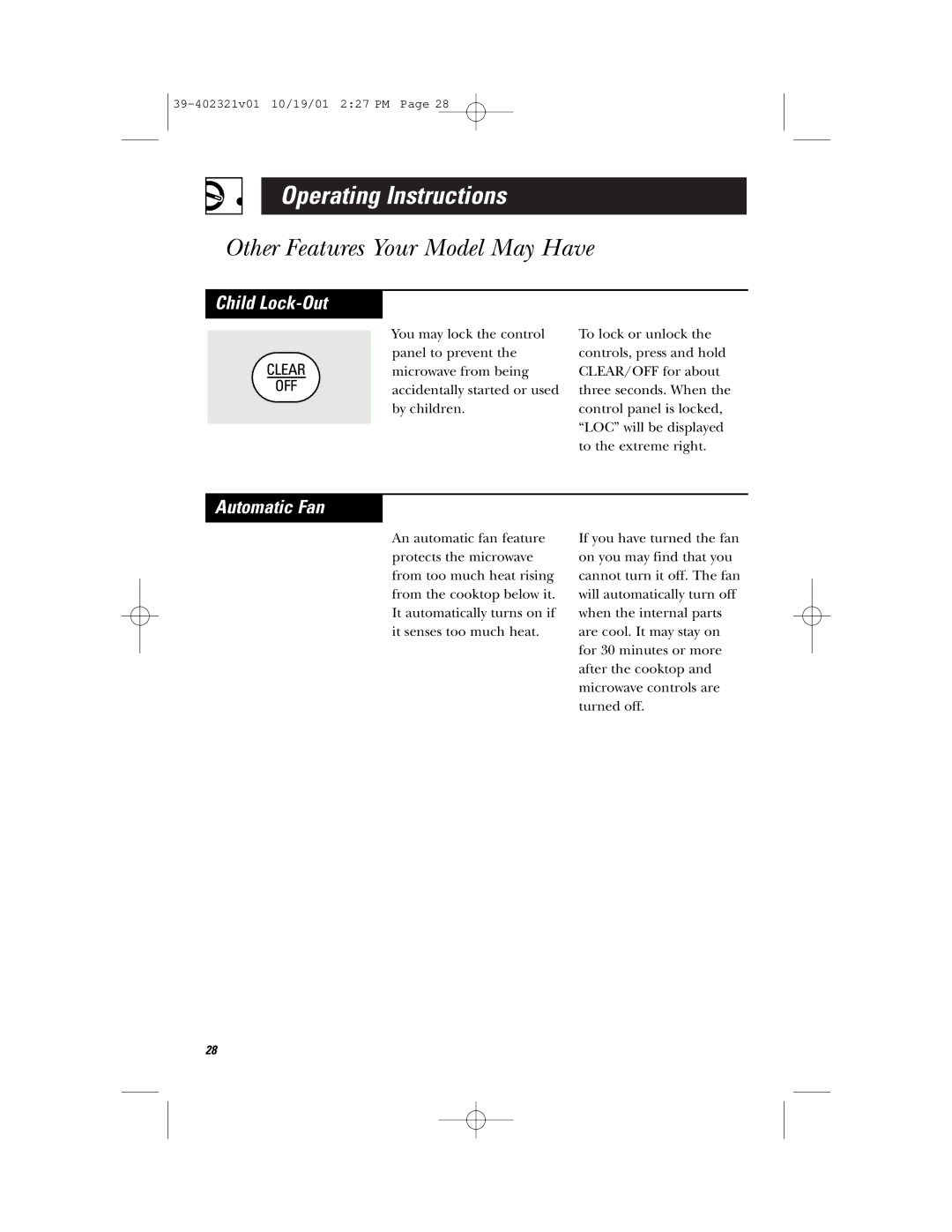 Hotpoint RVM1435 owner manual Child Lock-Out, Automatic Fan 