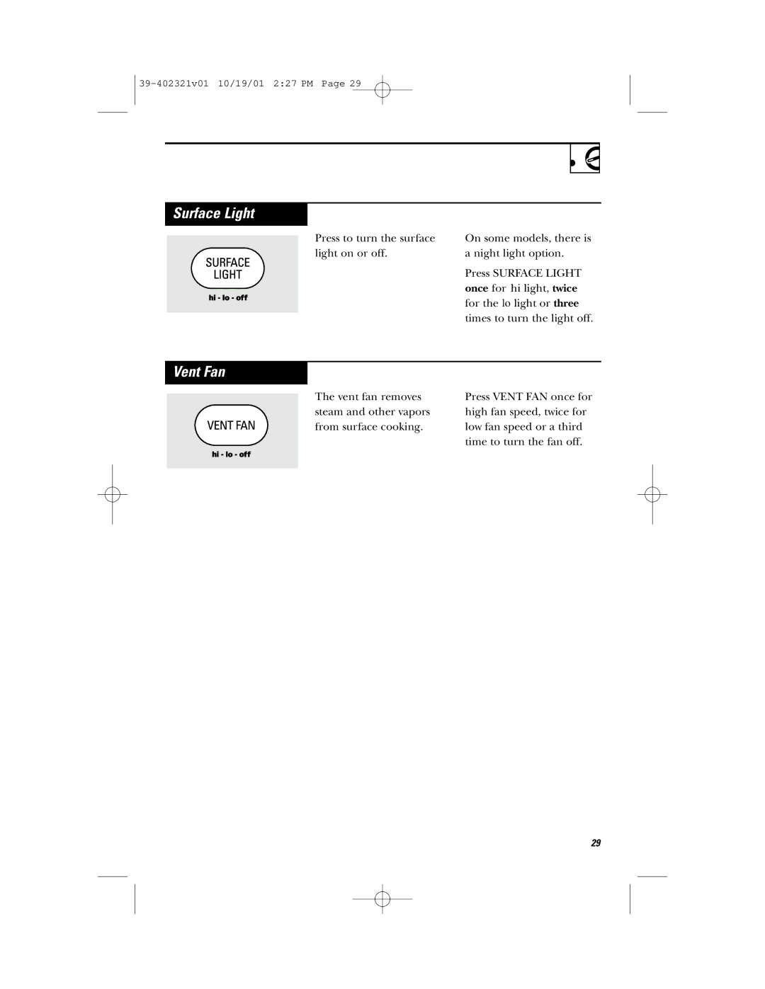 Hotpoint RVM1435 owner manual Surface Light, Vent Fan 