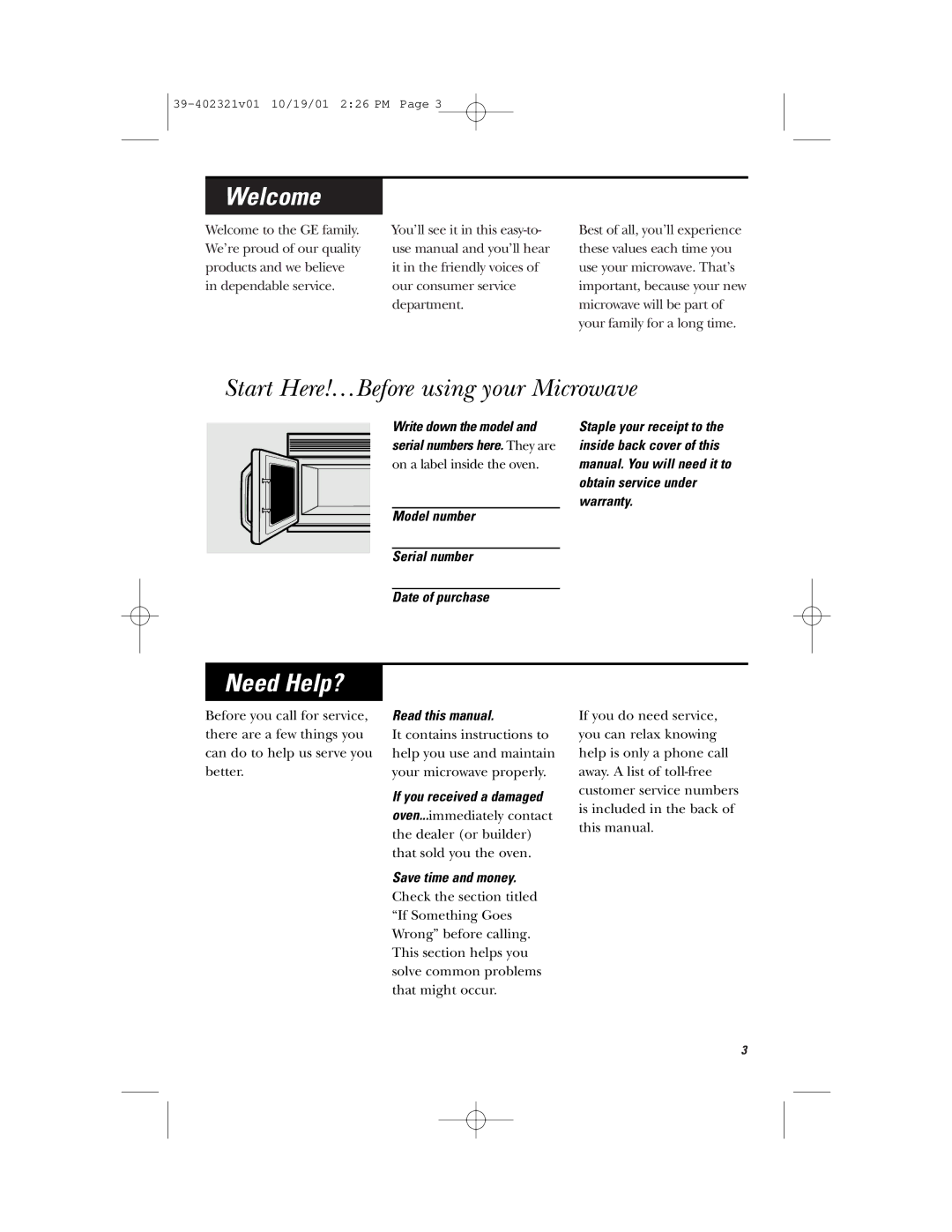 Hotpoint RVM1435 owner manual Welcome, Start Here!…Before using your Microwave, Need Help? 