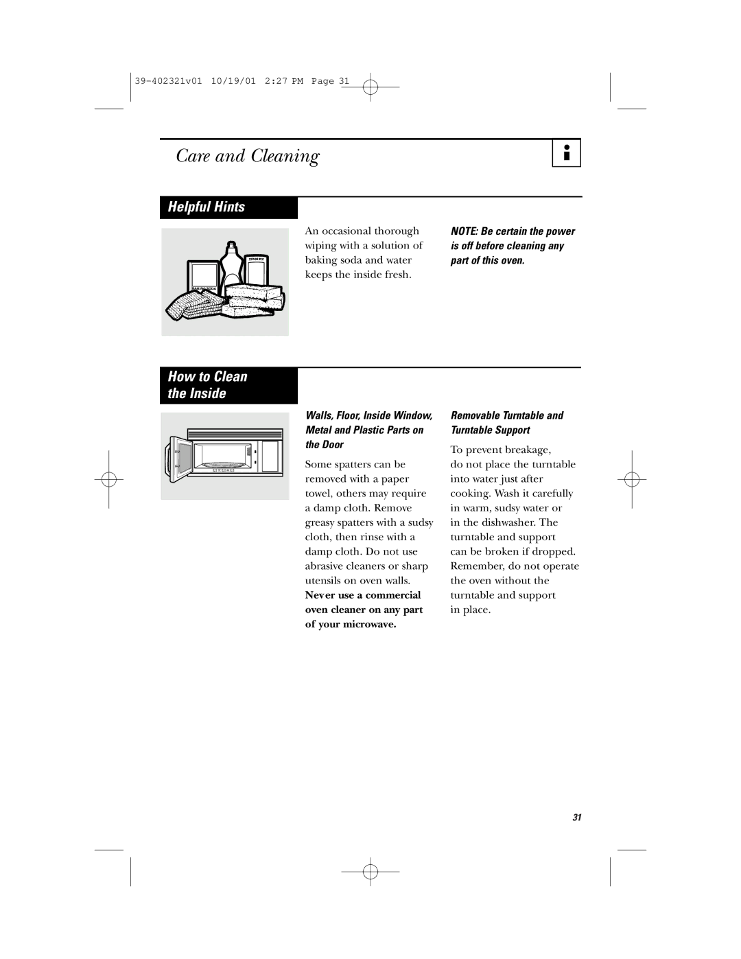 Hotpoint RVM1435 owner manual Care and Cleaning, Helpful Hints, Removable Turntable and Turntable Support 