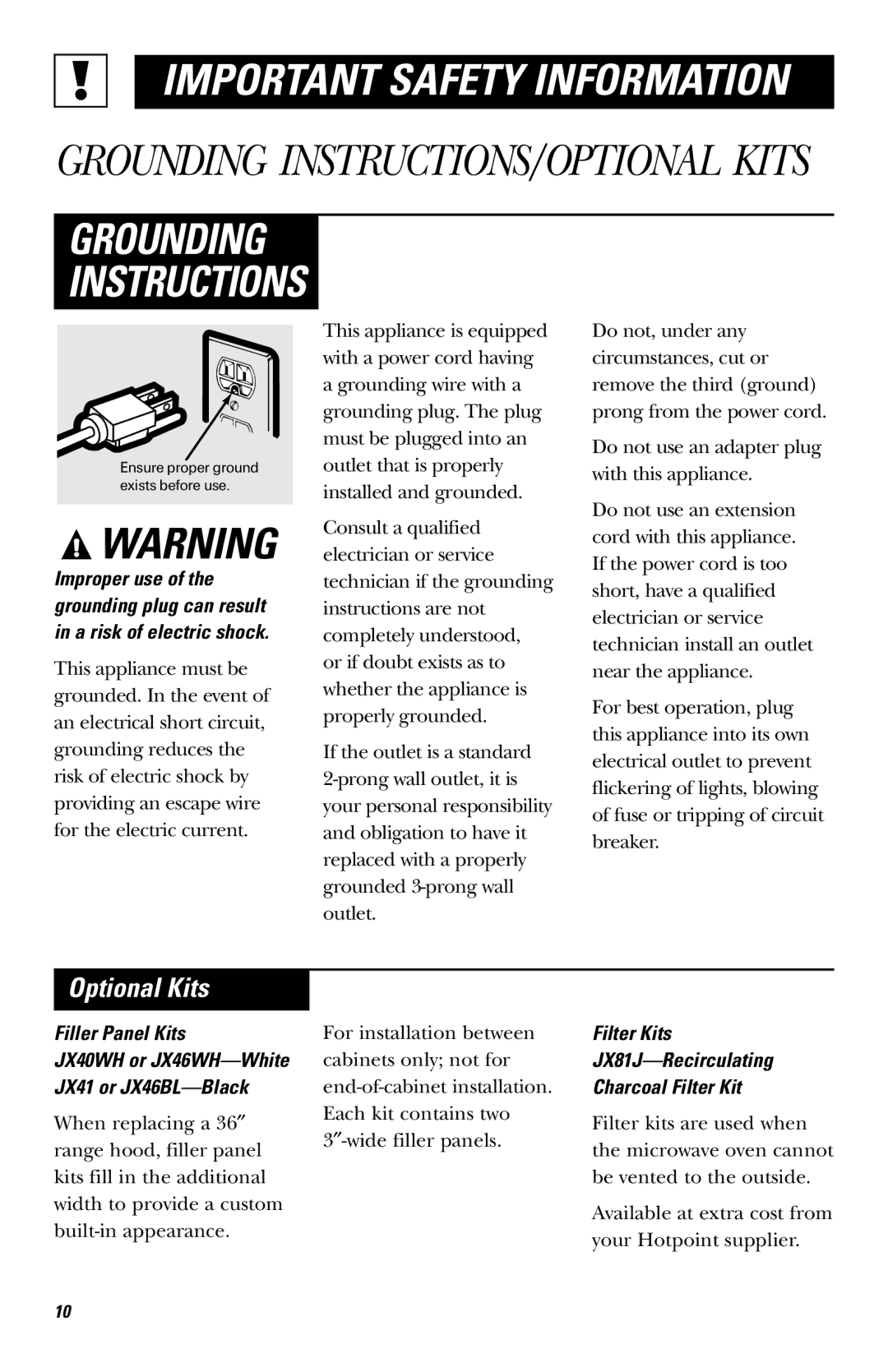 Hotpoint RVM1435 owner manual Optional Kits, Filler Panel Kits, Filter Kits JX81J-Recirculating Charcoal Filter Kit 