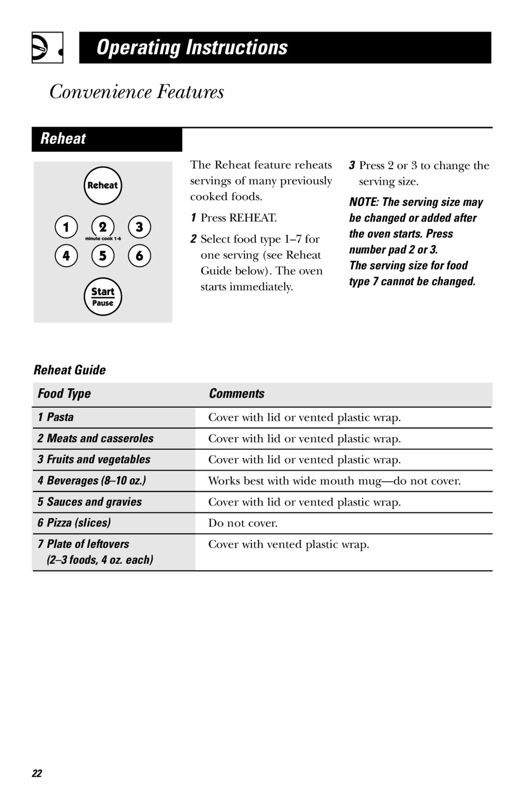 Hotpoint RVM1435 owner manual Reheat Guide Food Type Comments 