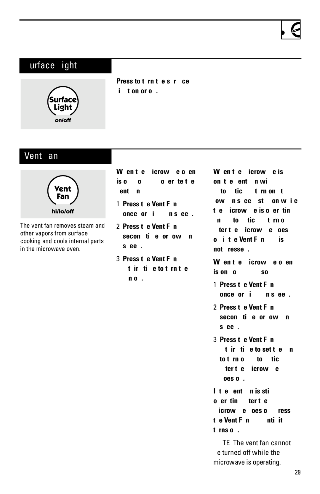 Hotpoint RVM1435 owner manual Surface Light, Vent Fan 