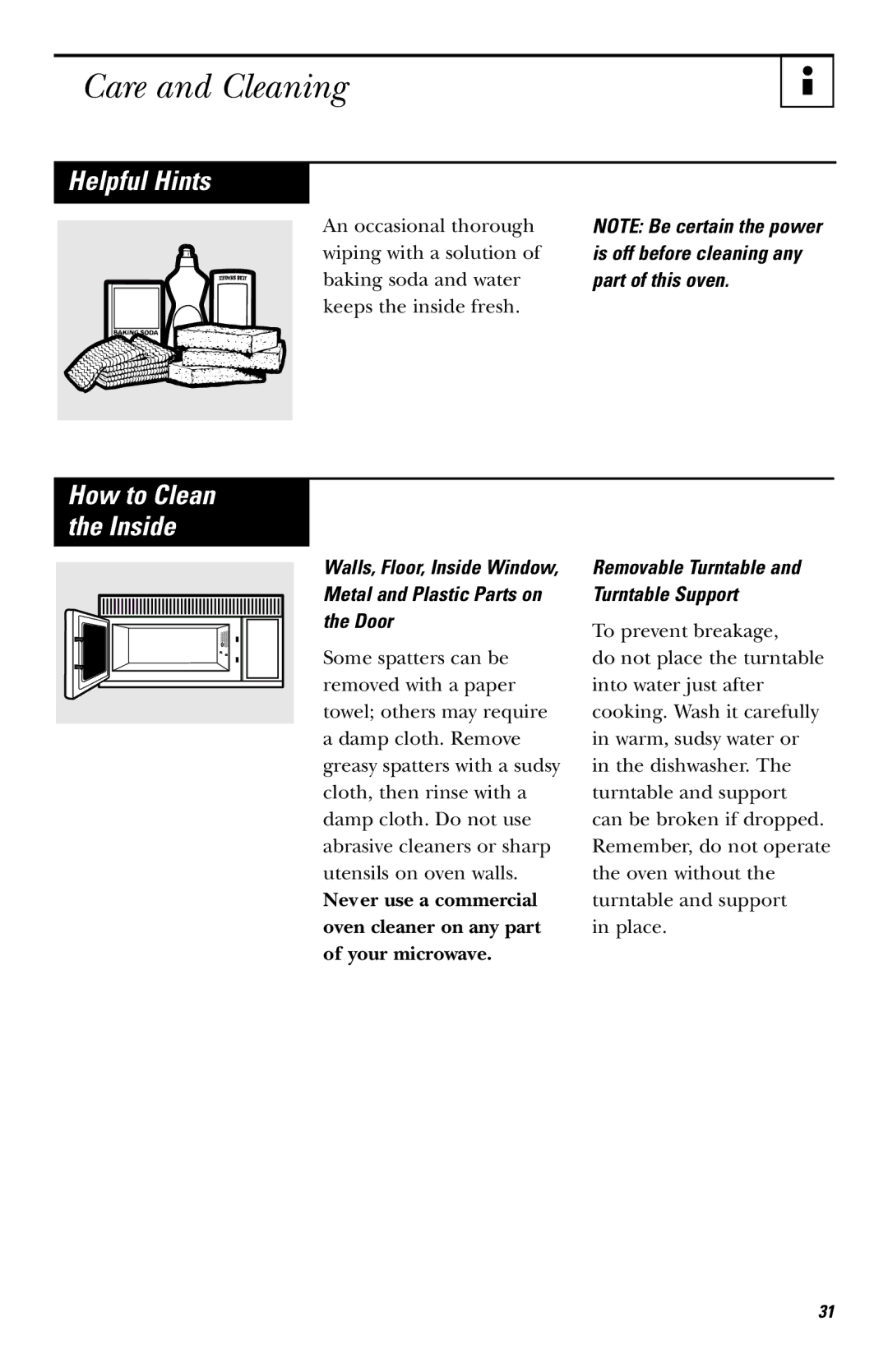 Hotpoint RVM1435 Care and Cleaning, Helpful Hints, How to Clean the Inside, Removable Turntable and Turntable Support 