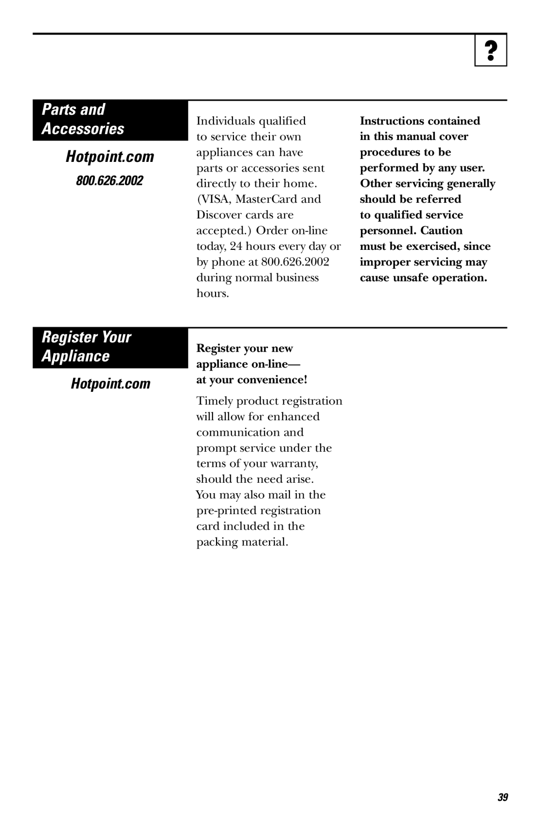 Hotpoint RVM1435 owner manual Parts Accessories, Register Your Appliance, 800.626.2002 