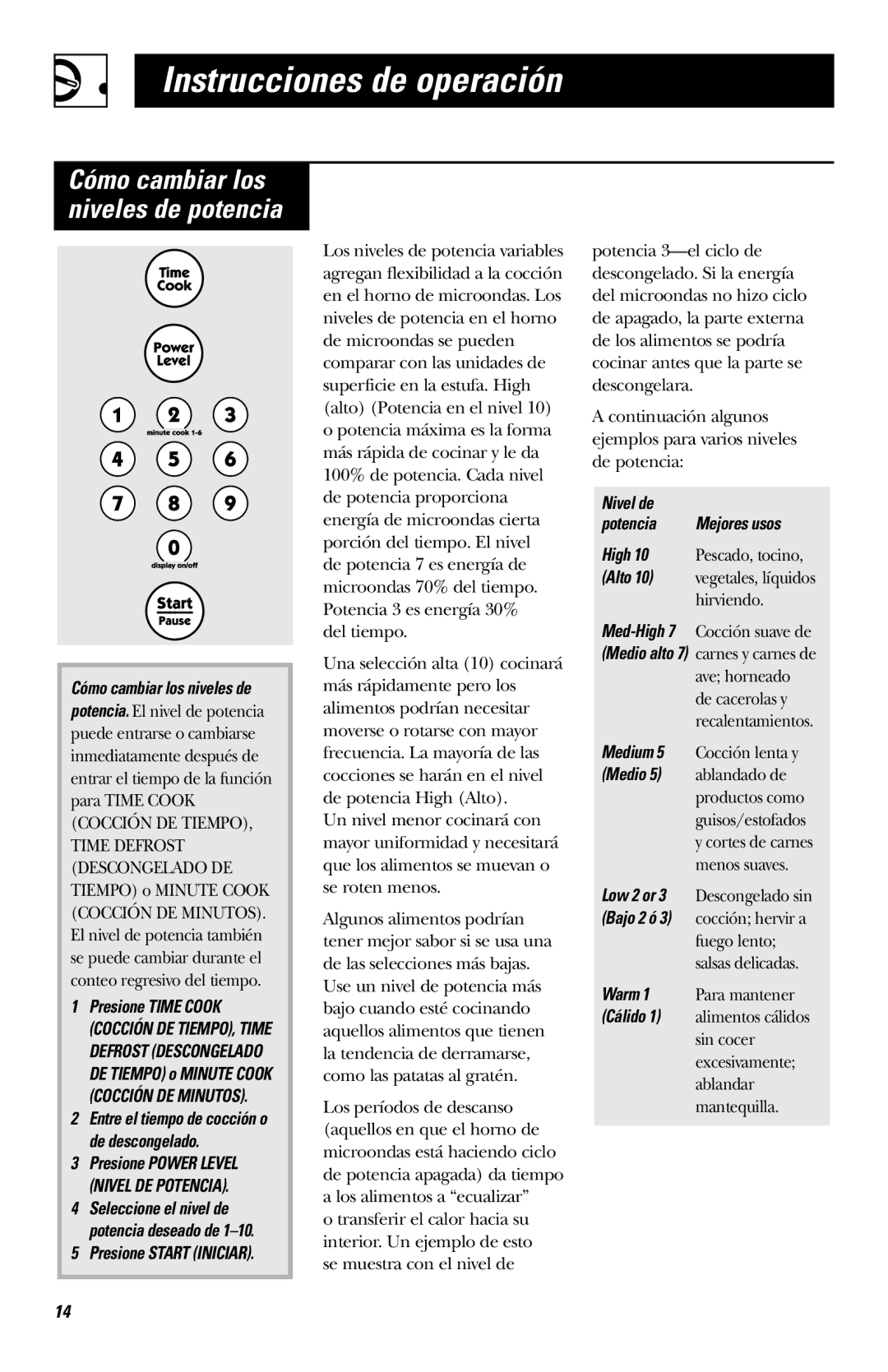 Hotpoint RVM1435 owner manual Cómo cambiar los niveles de potencia 