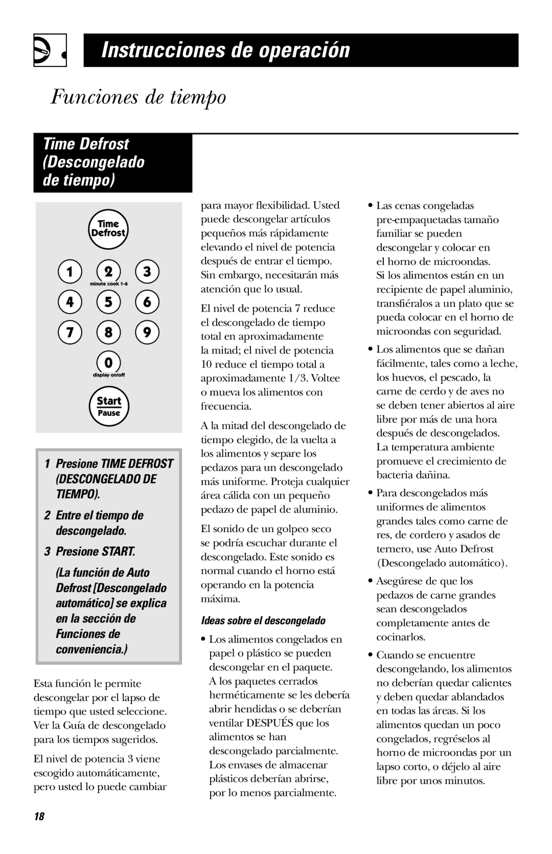 Hotpoint RVM1435 owner manual Time Defrost Descongelado de tiempo, Presione Start 