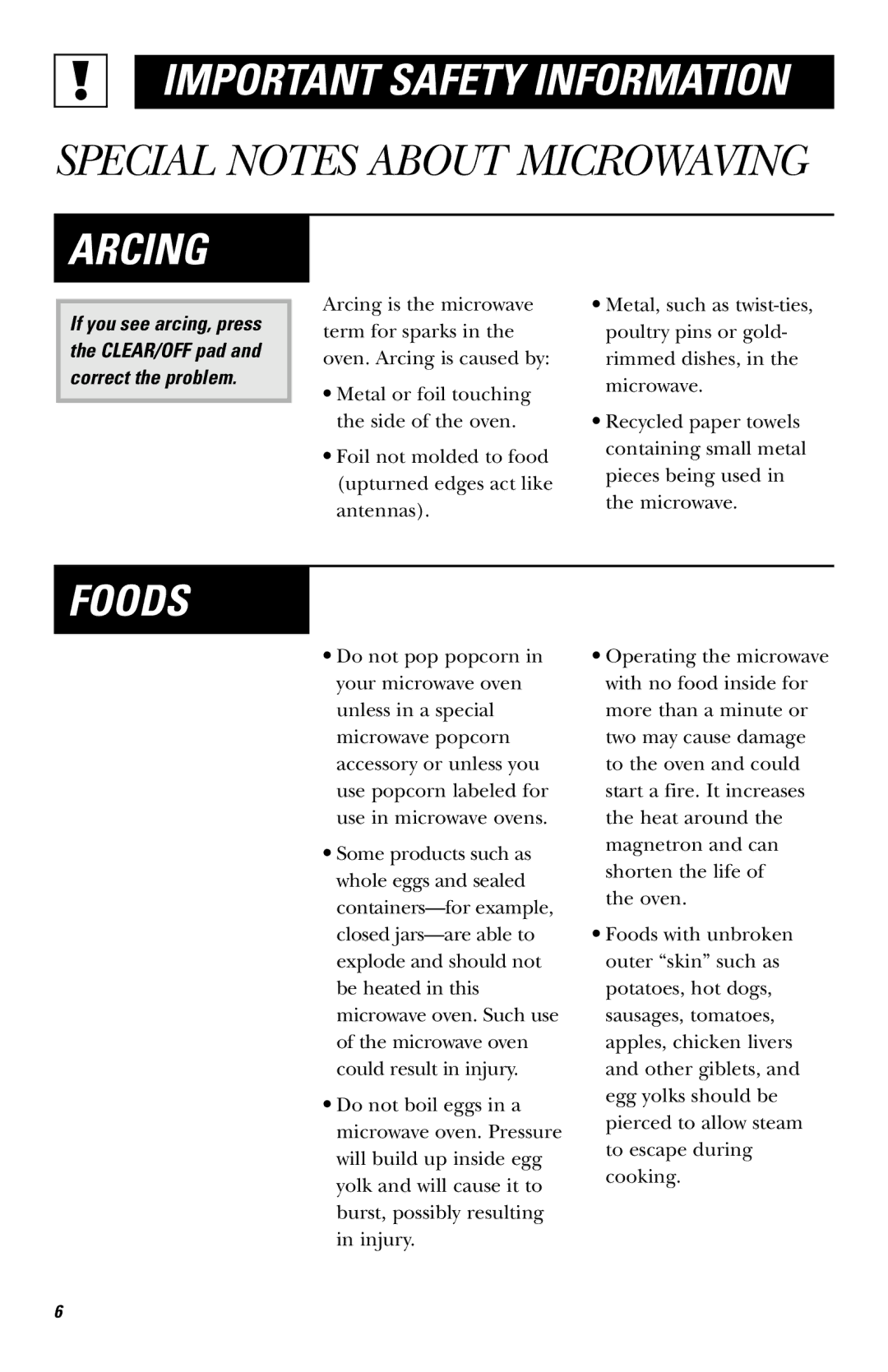 Hotpoint RVM1435 owner manual Arcing, Foods 