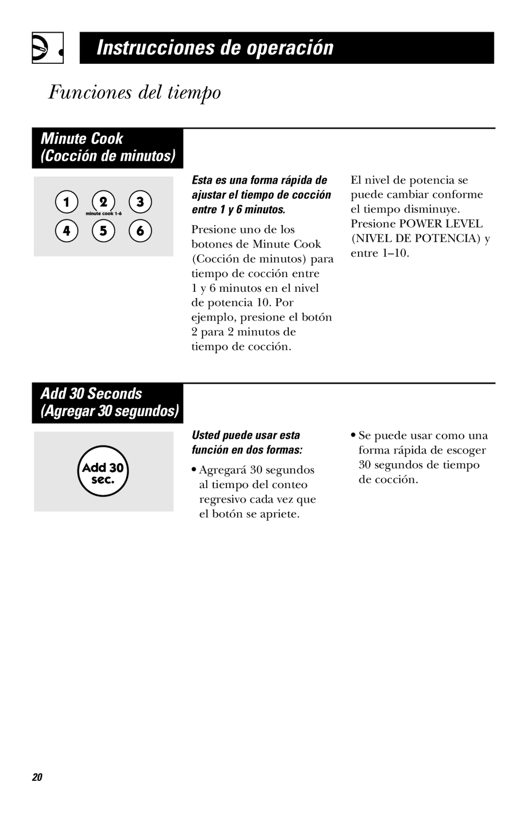 Hotpoint RVM1435 owner manual Funciones del tiempo, Minute Cook Cocción de minutos 