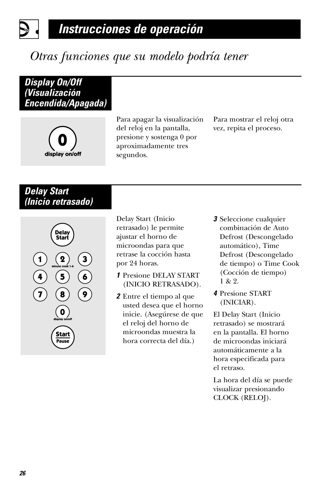 Hotpoint RVM1435 owner manual Display On/Off Visualización Encendida/Apagada, Delay Start Inicio retrasado 