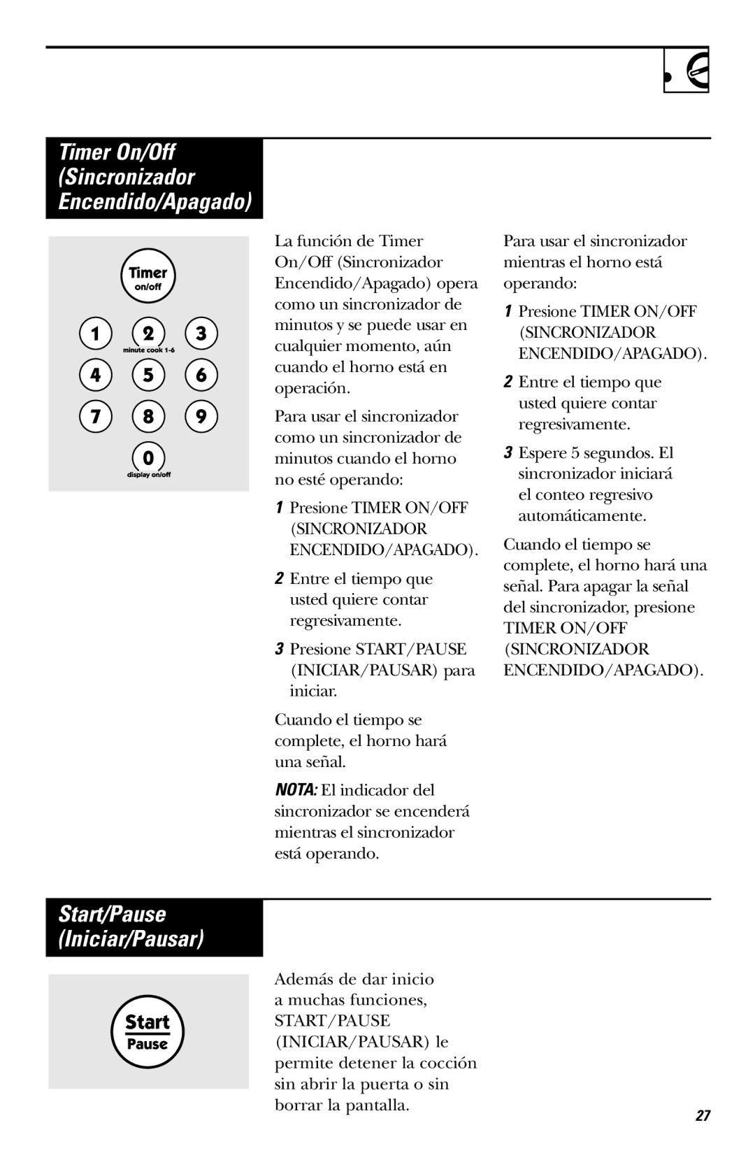 Hotpoint RVM1435 owner manual Start/Pause Iniciar/Pausar, Timer On/Off Sincronizador Encendido/Apagado 