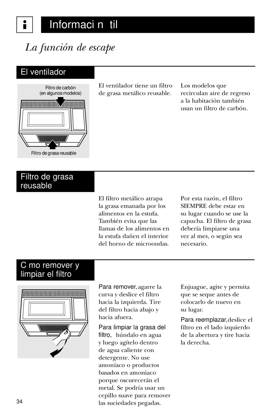 Hotpoint RVM1435 La función de escape, El ventilador, Filtro de grasa reusable, Cómo remover y limpiar el filtro 