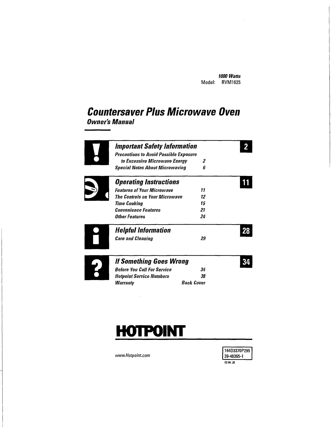 Hotpoint RVM1625 owner manual Hotpoint 