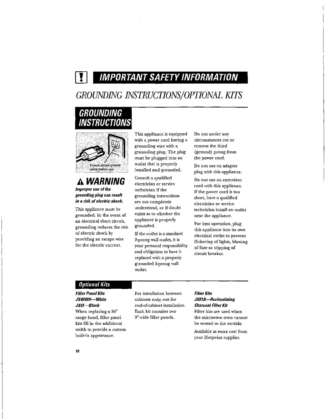 Hotpoint RVM1625 owner manual GRO Undlvg 1NSTRUCTIONS/OI Ional K17S, Filter Kits JXSfA--Recirculating Charcoal Filter Kit 