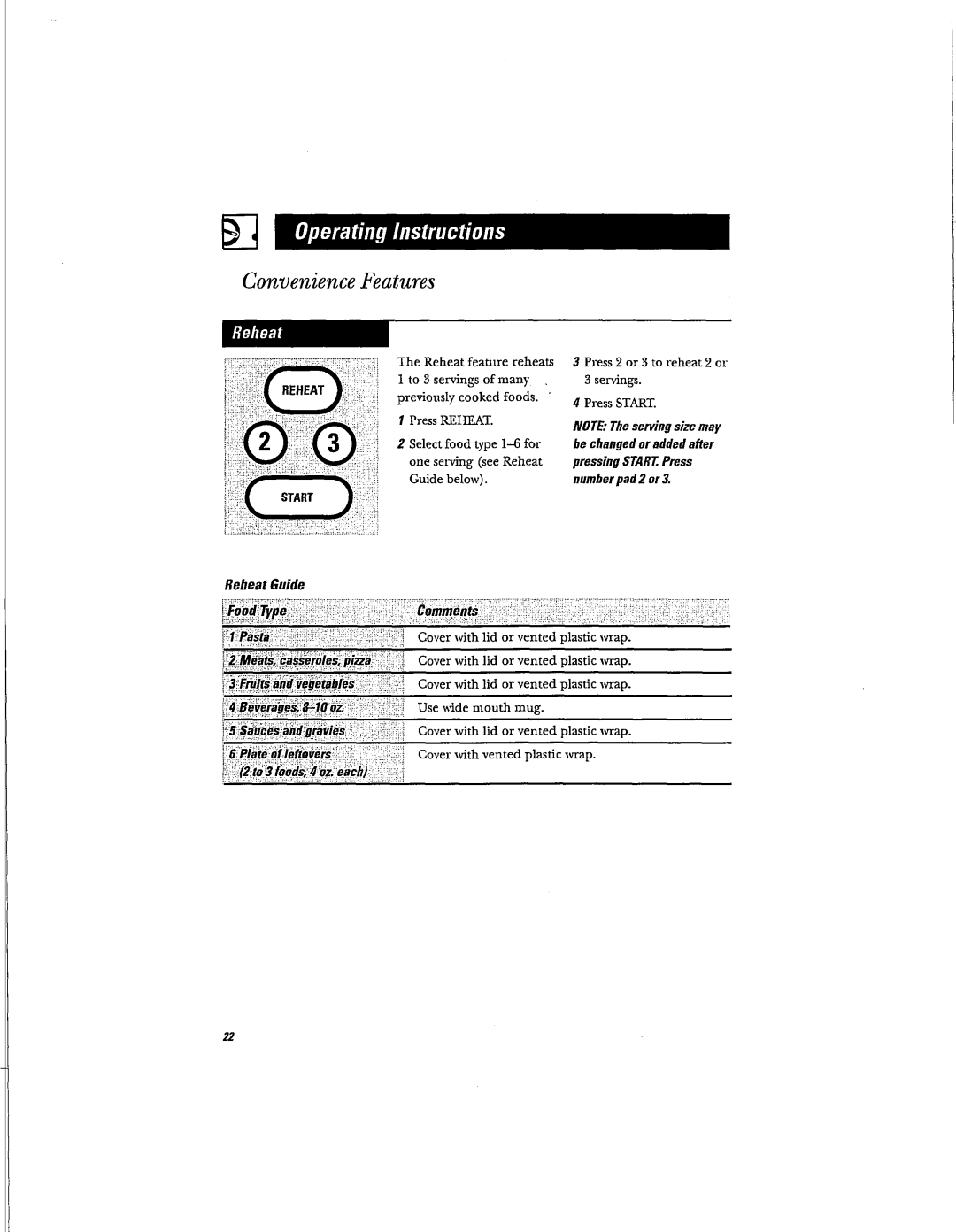 Hotpoint RVM1625 owner manual Convenience Features, Reheat Guide 