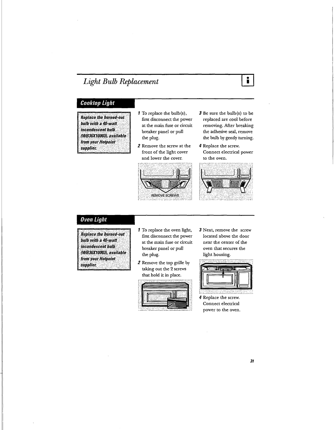 Hotpoint RVM1625 owner manual Light Bulb Replacement 