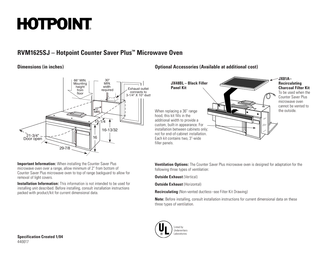 Hotpoint dimensions RVM1625SJ Hotpoint Counter Saver Plus Microwave Oven, Dimensions in inches 