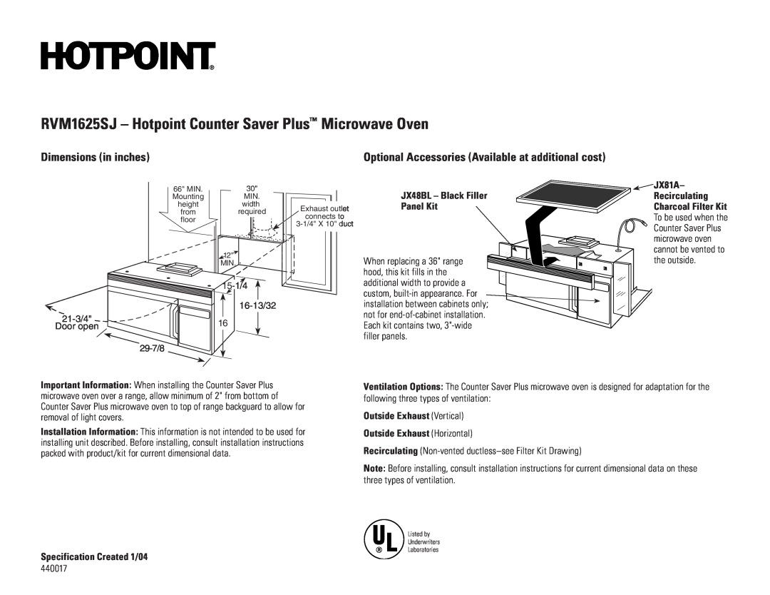 Hotpoint dimensions RVM1625SJ - Hotpoint Counter Saver Plus Microwave Oven, Dimensions in inches, JX48BL - Black Filler 