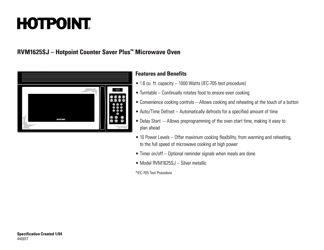 Hotpoint dimensions RVM1625SJ - Hotpoint Counter Saver Plus Microwave Oven, Features and Benefits 