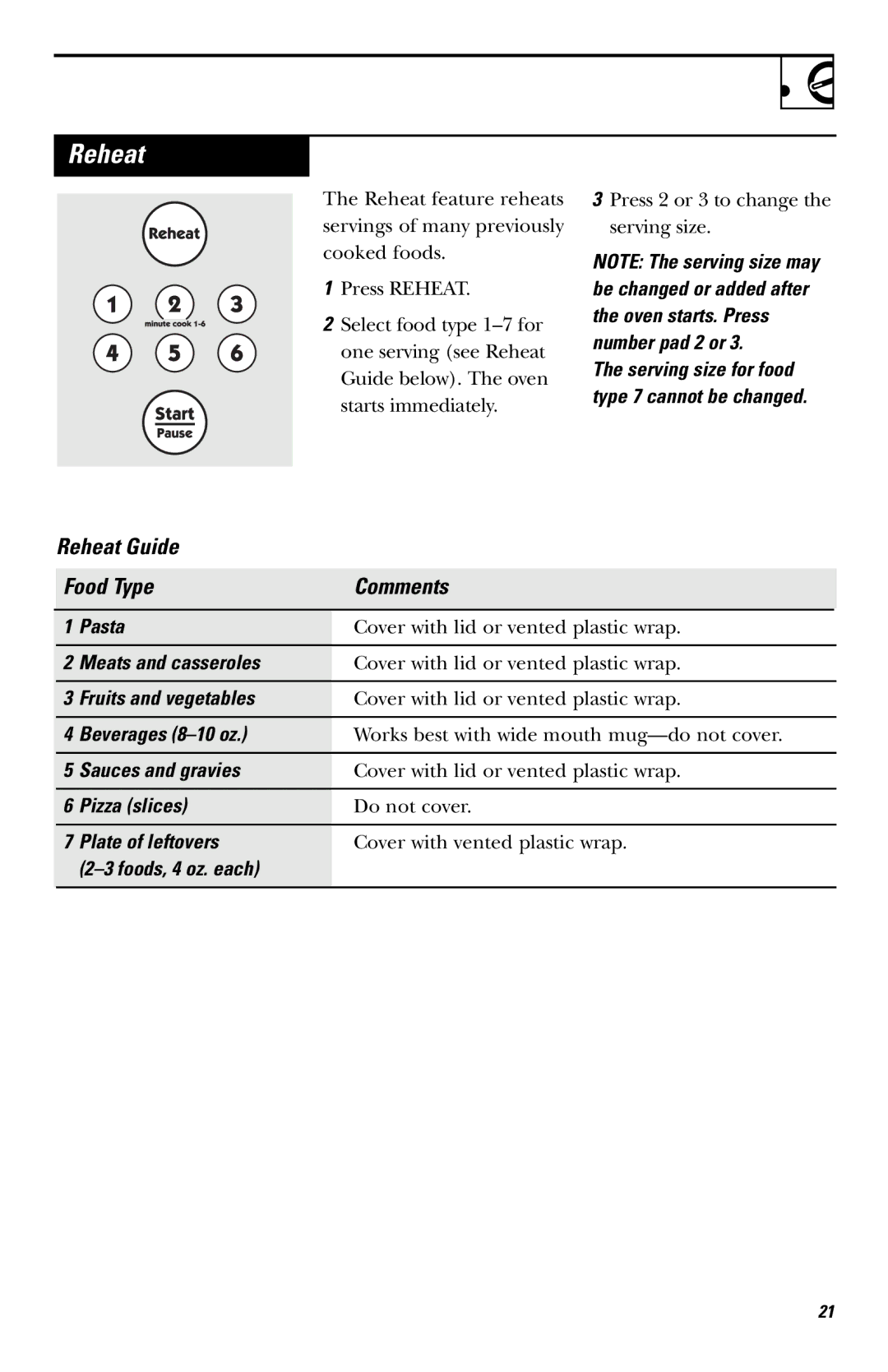 Hotpoint RVM1635 owner manual Reheat Guide Food Type Comments 