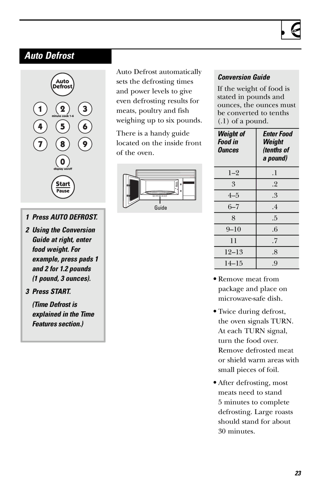 Hotpoint RVM1635 owner manual Press Auto Defrost, Conversion Guide, Food Weight Ounces Tenths Pound 