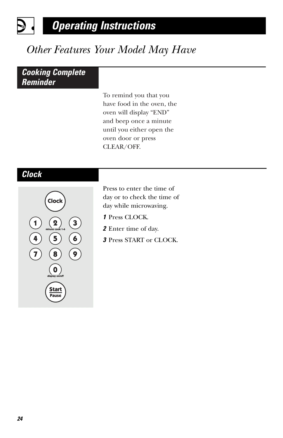 Hotpoint RVM1635 owner manual Other Features Your Model May Have, Cooking Complete Reminder, Clock 