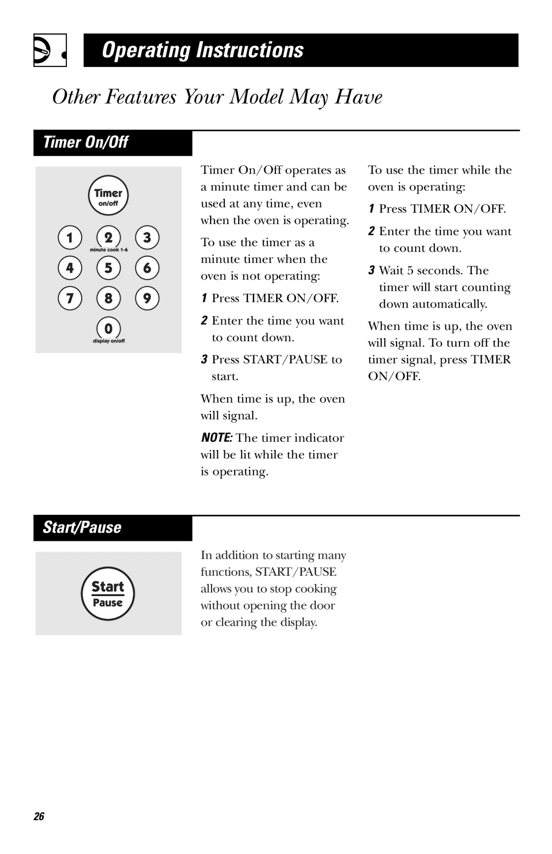 Hotpoint RVM1635 owner manual Timer On/Off, Start/Pause 