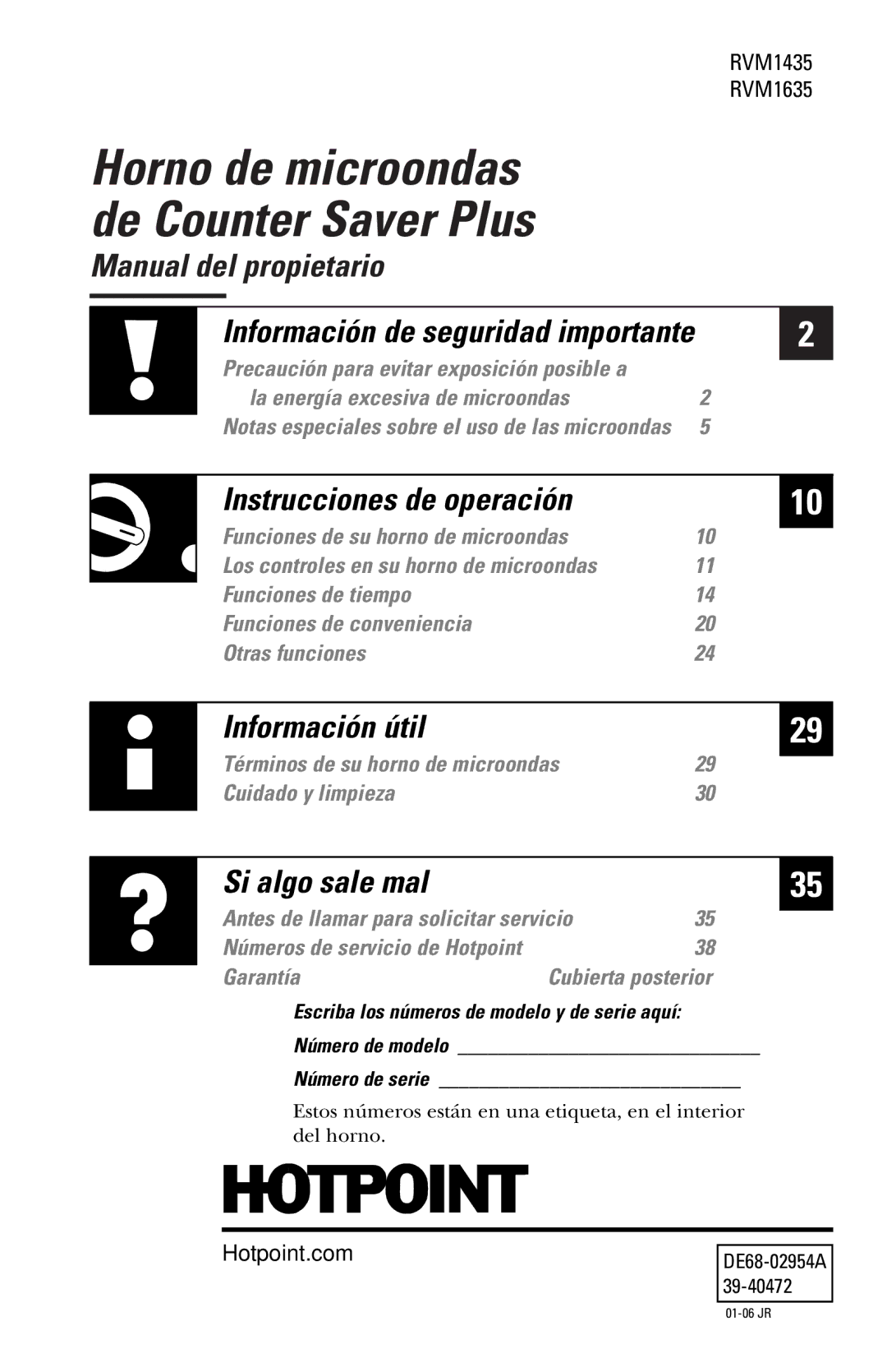 Hotpoint RVM1635 owner manual Horno de microondas, Número de modelo Número de serie 