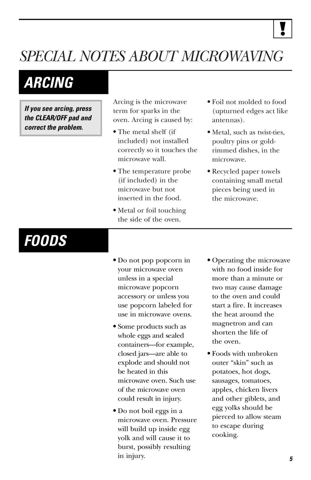 Hotpoint RVM1635 owner manual Arcing, Foods 