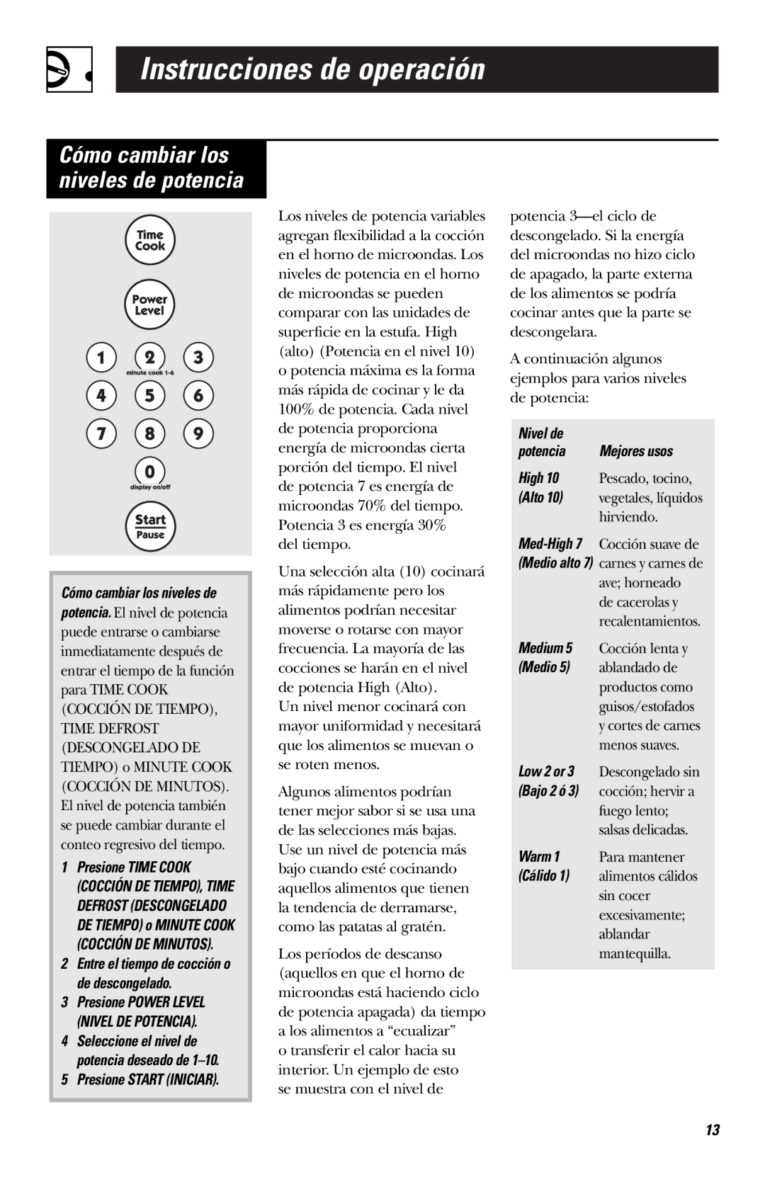 Hotpoint RVM1635 owner manual Cómo cambiar los niveles de potencia 