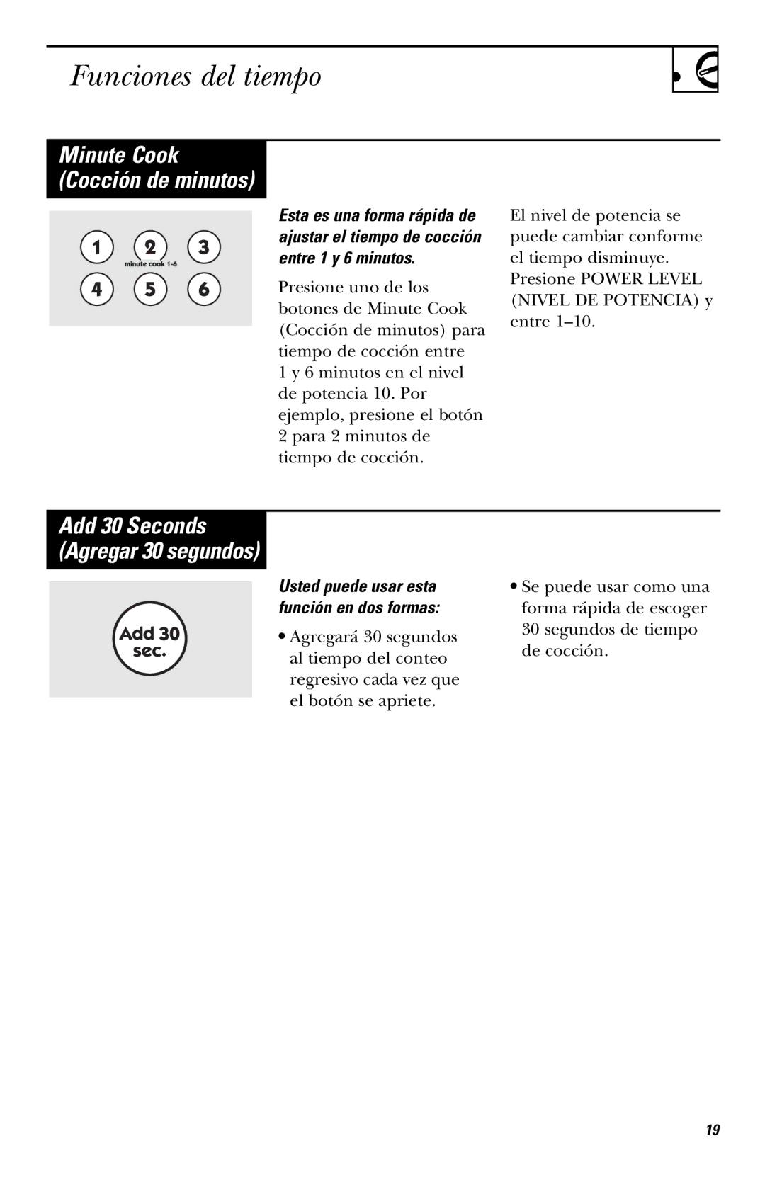 Hotpoint RVM1635 owner manual Funciones del tiempo, Minute Cook Cocción de minutos 