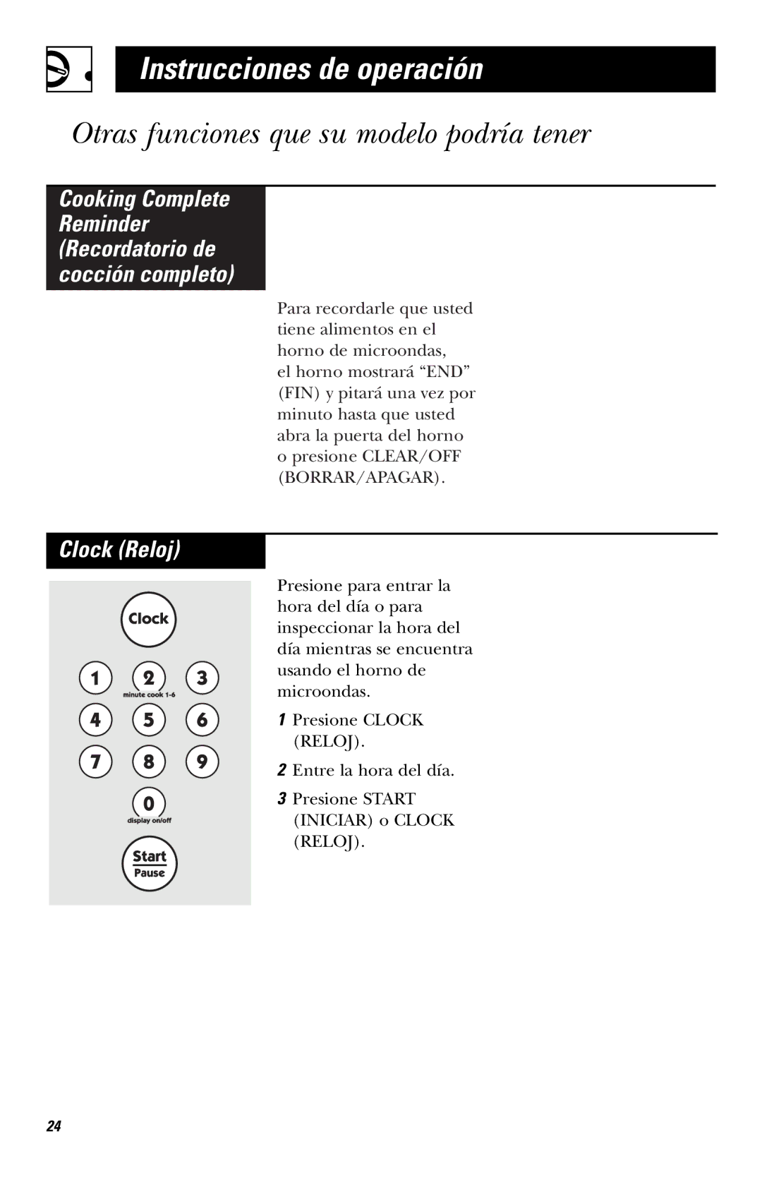 Hotpoint RVM1635 owner manual Otras funciones que su modelo podría tener, Clock Reloj 