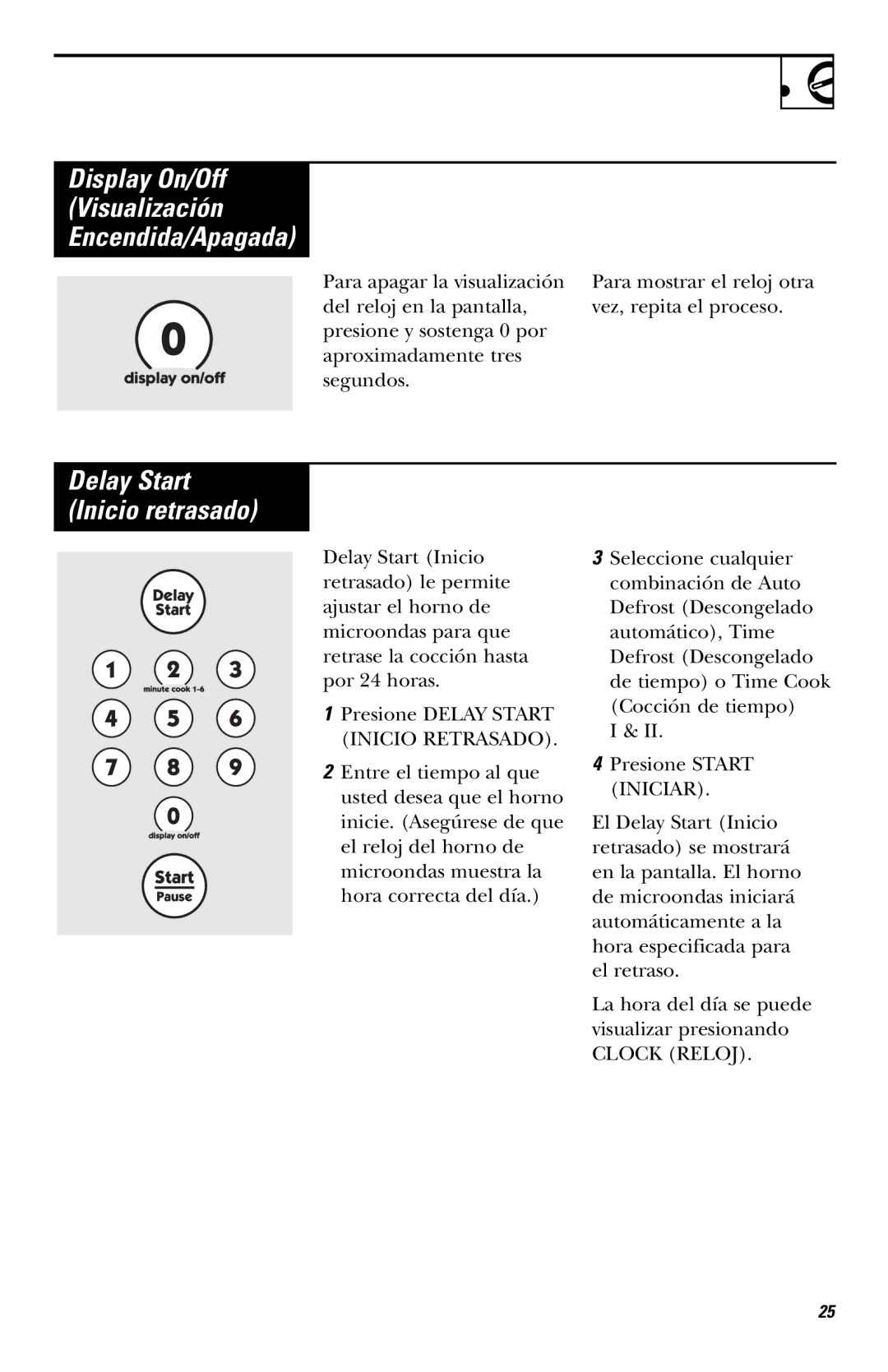 Hotpoint RVM1635 owner manual Display On/Off Visualización Encendida/Apagada, Delay Start Inicio retrasado 