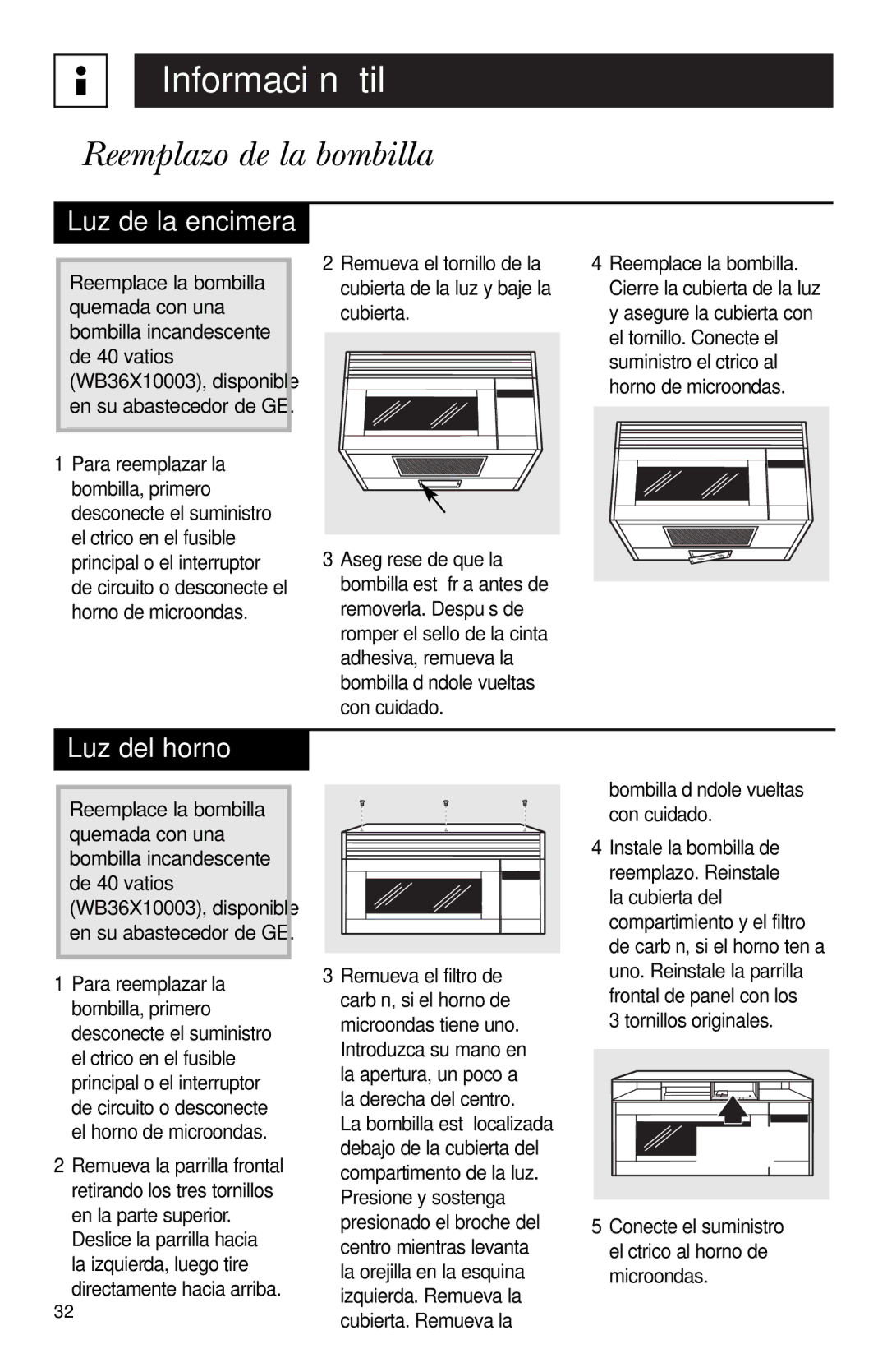 Hotpoint RVM1635 owner manual Reemplazo de la bombilla, Luz de la encimera, Luz del horno 