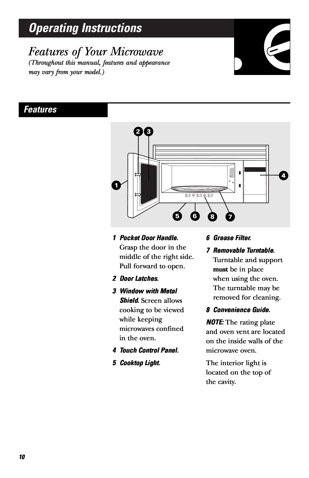 Hotpoint RVM1635 Operating Instructions, Features of Your Microwave, Pocket Door Handle, Door Latches, Convenience Guide 
