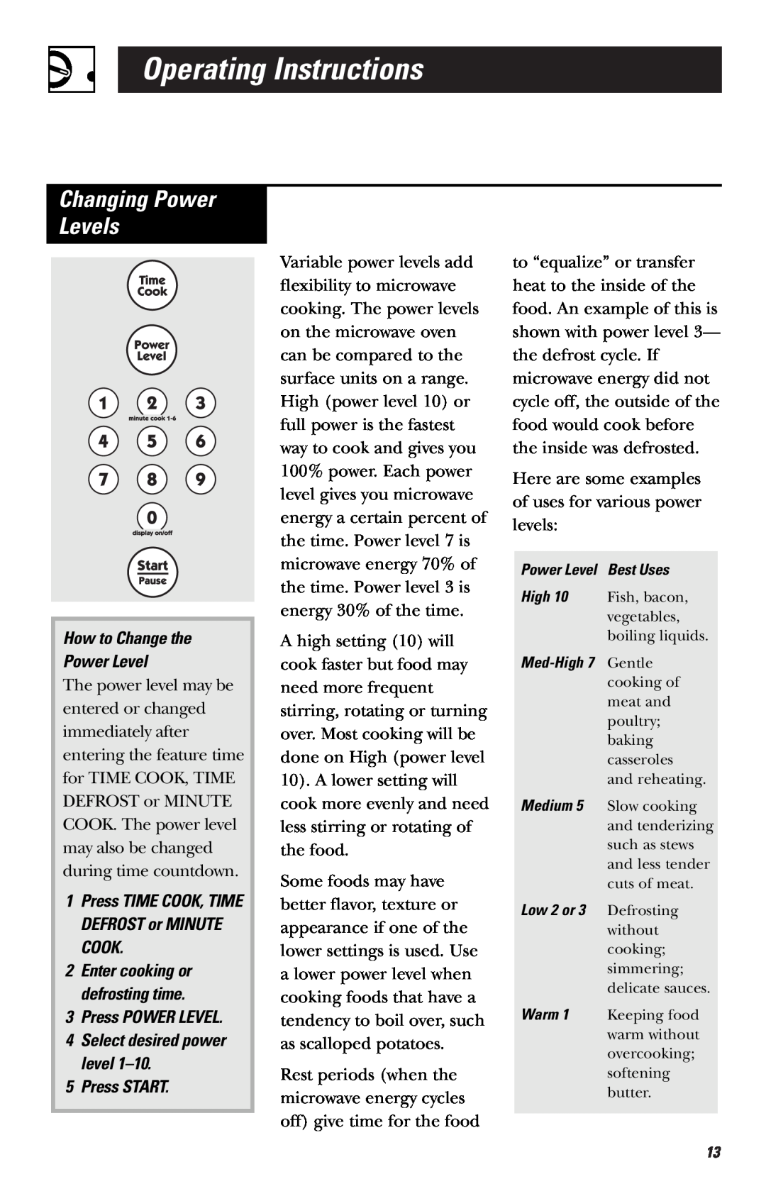 Hotpoint RVM1635 owner manual Changing Power Levels, Operating Instructions, How to Change the Power Level 