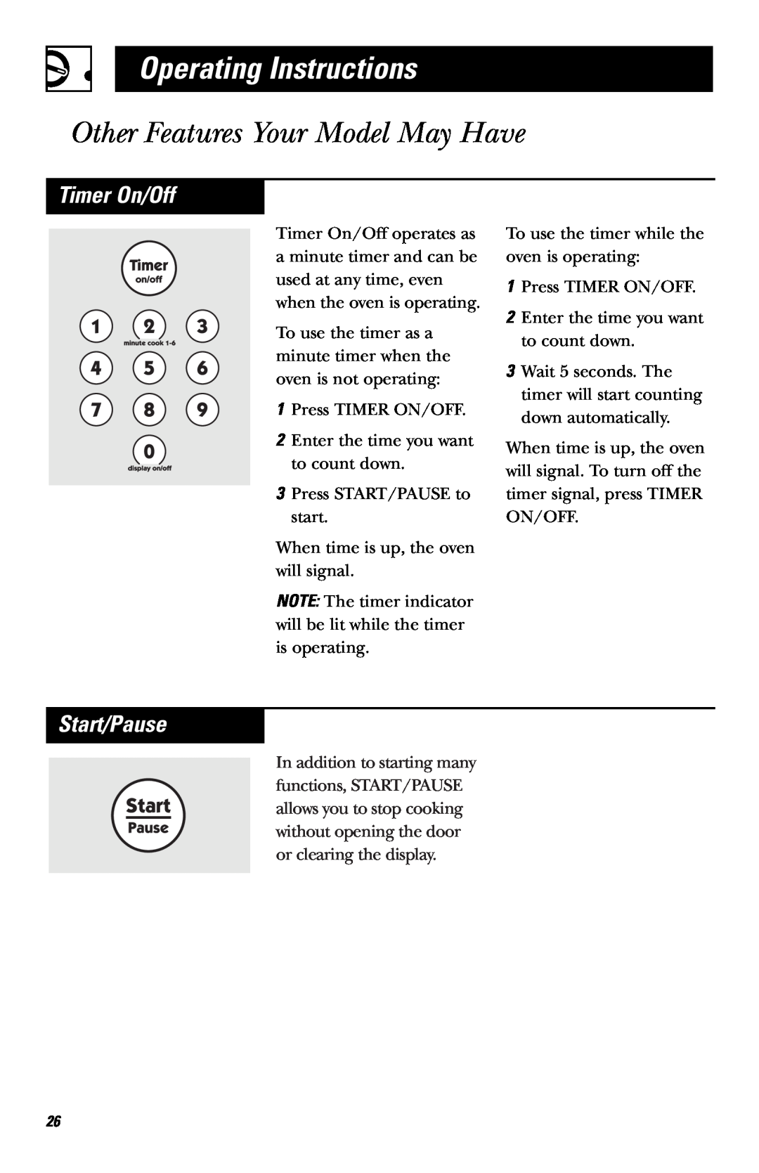 Hotpoint RVM1635 owner manual Timer On/Off, Start/Pause, Operating Instructions, Other Features Your Model May Have 