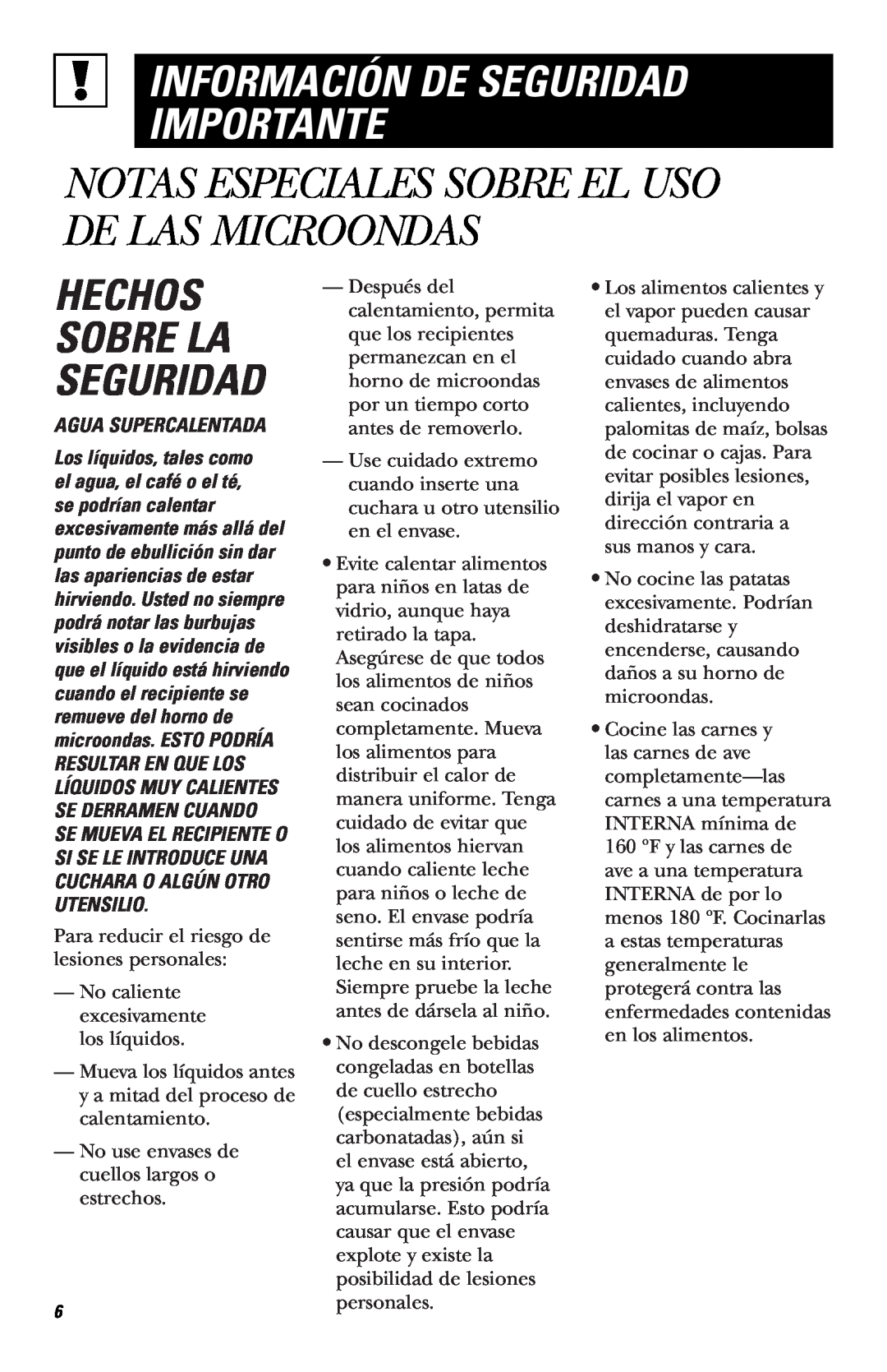 Hotpoint RVM1635 owner manual Hechos, Notas Especiales Sobre El Uso De Las Microondas, Información De Seguridad Importante 