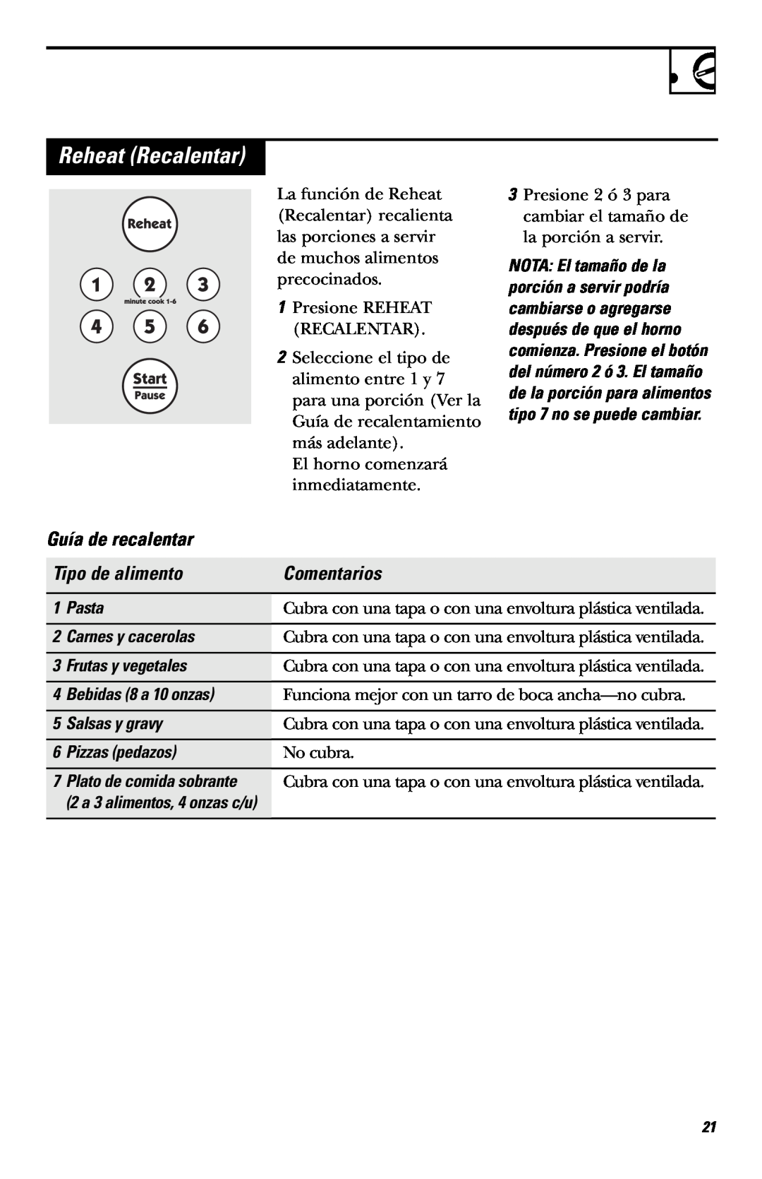 Hotpoint RVM1635 Reheat Recalentar, Guía de recalentar, Tipo de alimento, Comentarios, Pasta, Carnes y cacerolas 