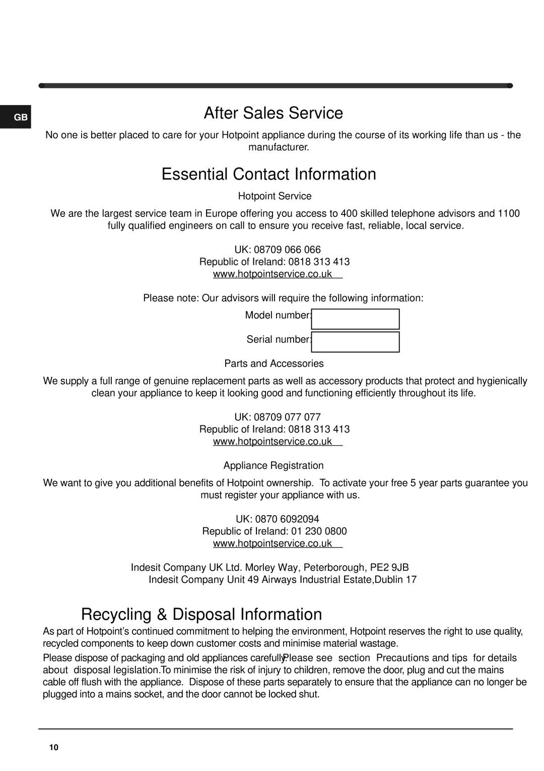 Hotpoint RZ150G, RZ150P manual After Sales Service 