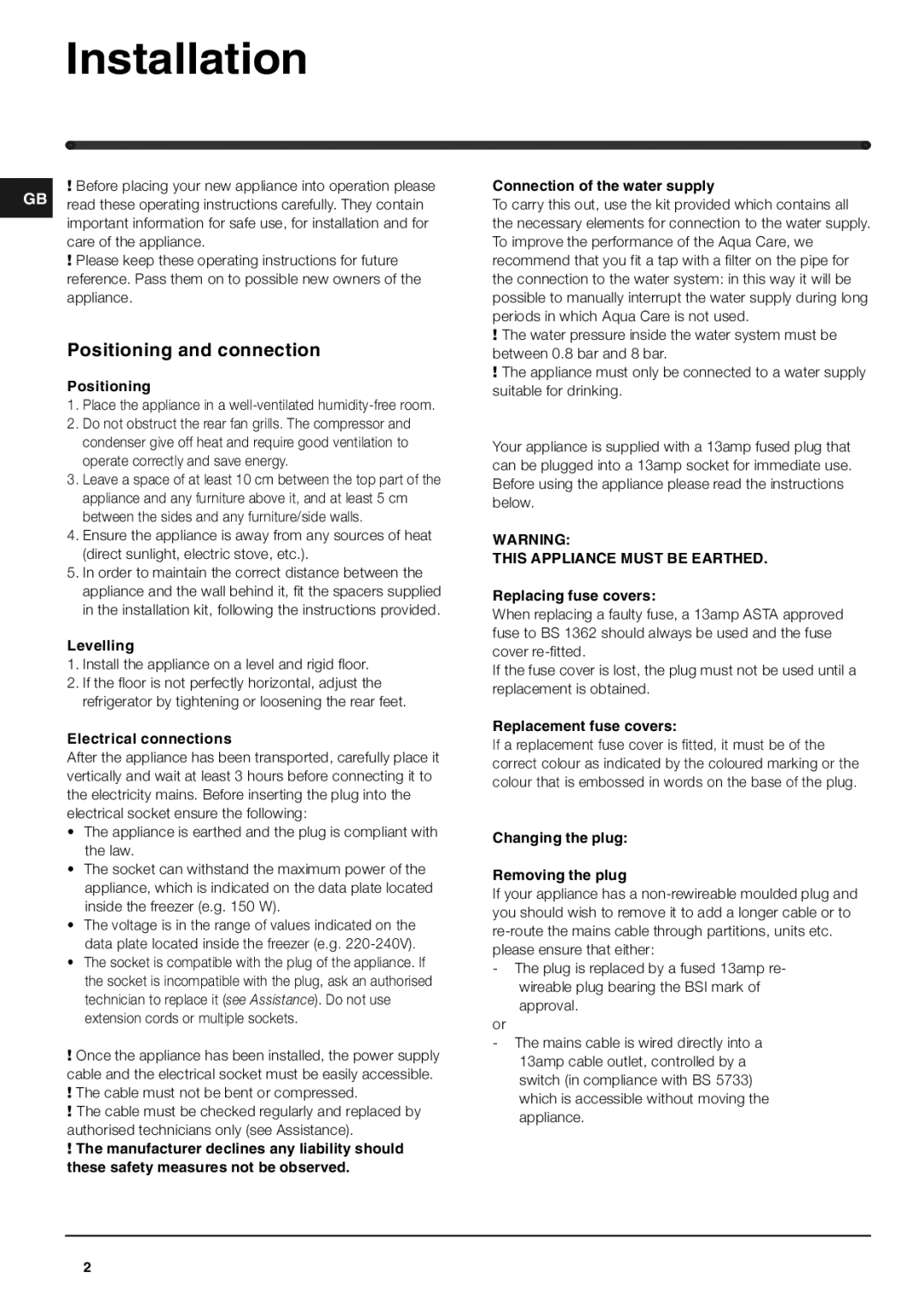 Hotpoint RZ150G, RZ150P manual Installation, Positioning and connection 