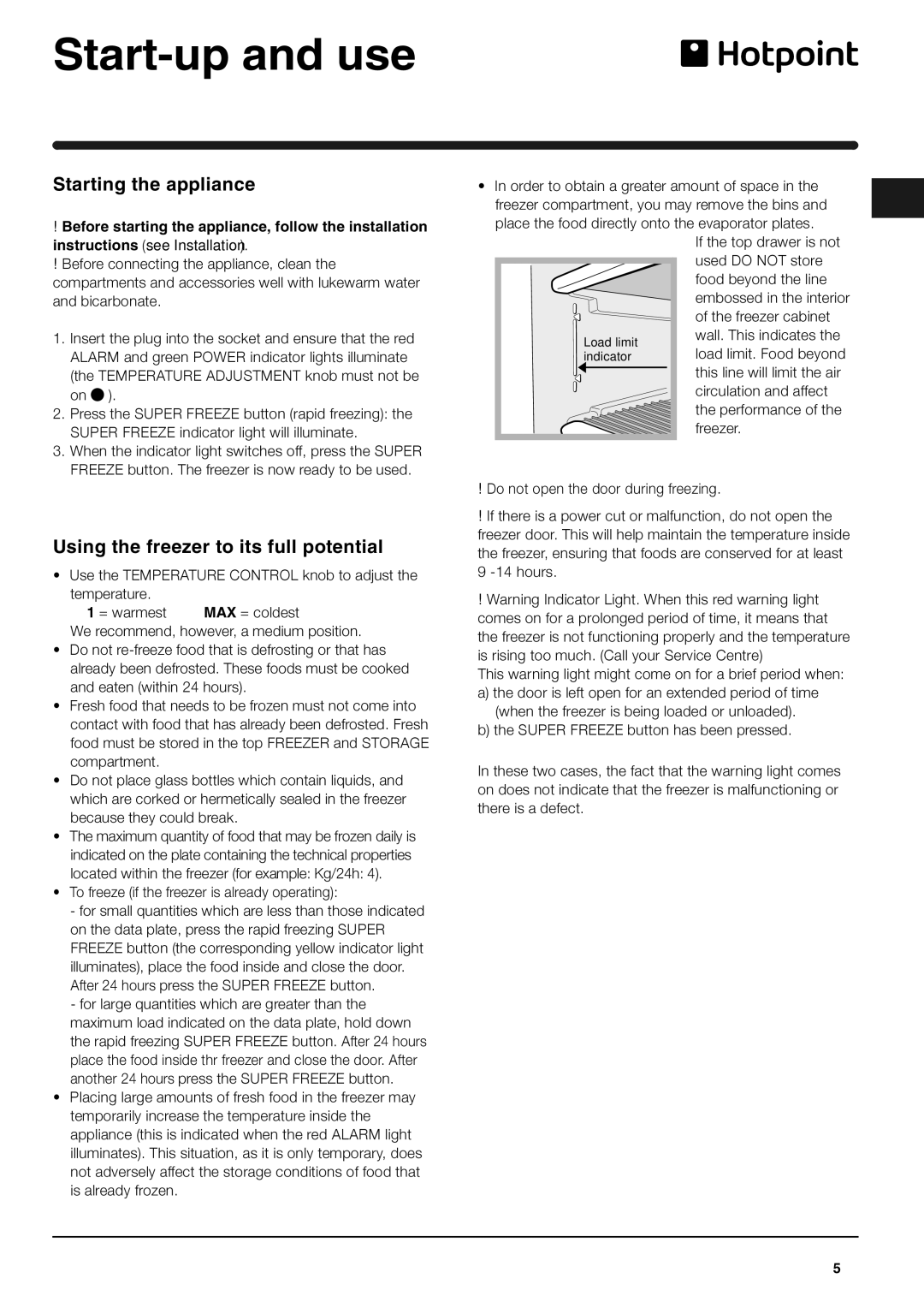 Hotpoint RZ150P, RZ150G manual Start-up and use, Starting the appliance, Using the freezer to its full potential 