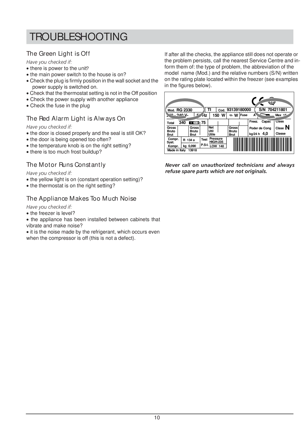 Hotpoint RZA 21 manual Troubleshooting, Green Light is Off, Red Alarm Light is Always On, Motor Runs Constantly 