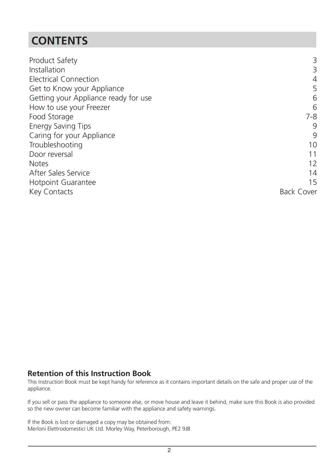 Hotpoint RZA 21 manual Contents 