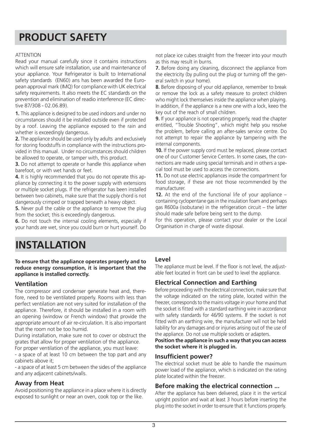 Hotpoint RZA 21 manual Product Safety, Installation 