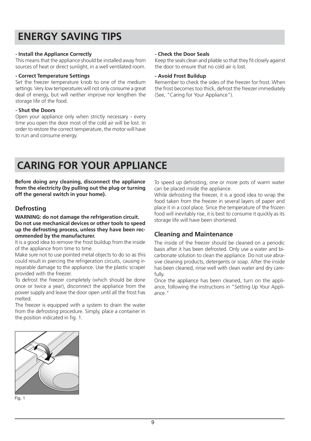 Hotpoint RZA 21 manual Energy Saving Tips, Caring for Your Appliance, Defrosting, Cleaning and Maintenance 