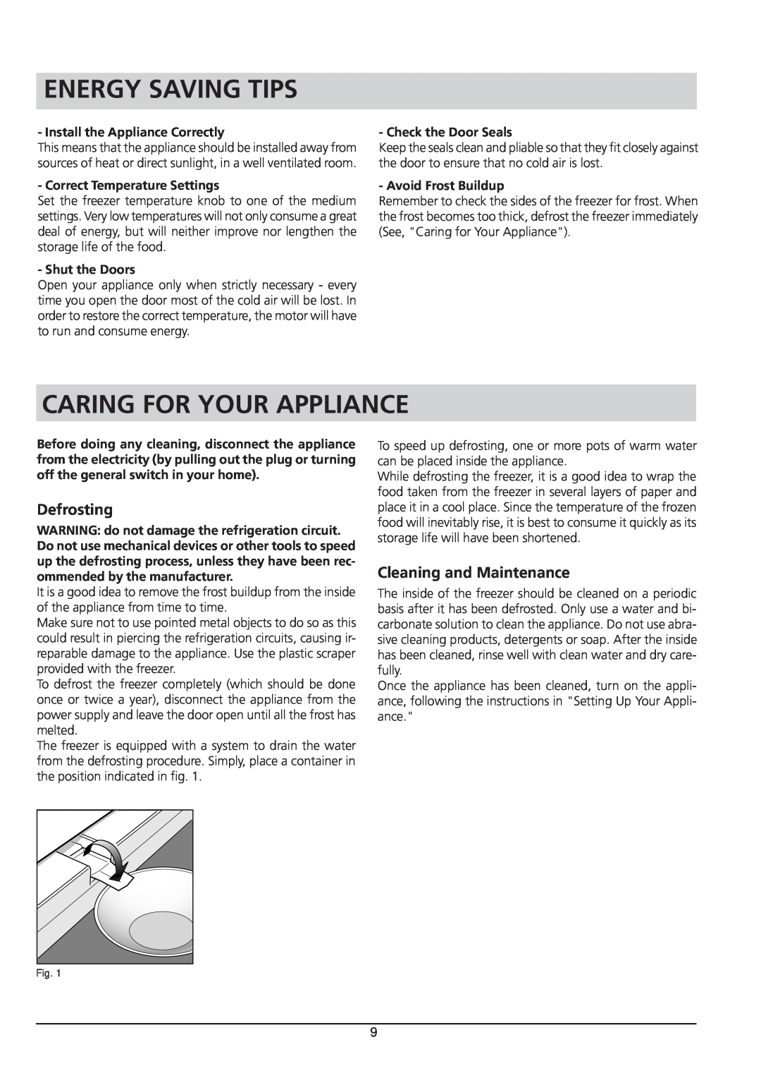 Hotpoint RZA 21 manual Energy Saving Tips, Caring For Your Appliance, Defrosting, Cleaning and Maintenance, Shut the Doors 