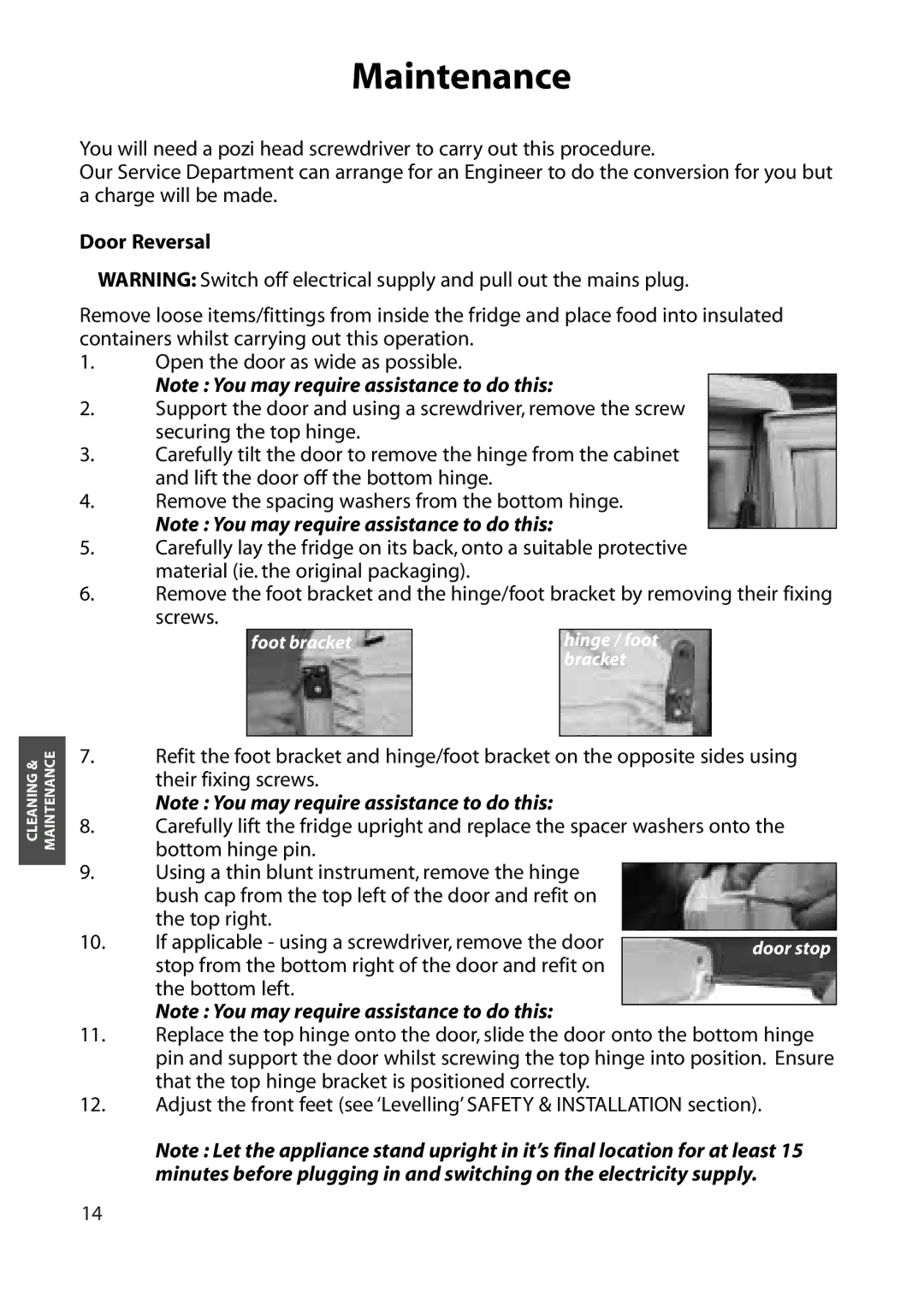 Hotpoint RZA30 manual Maintenance, Door Reversal 