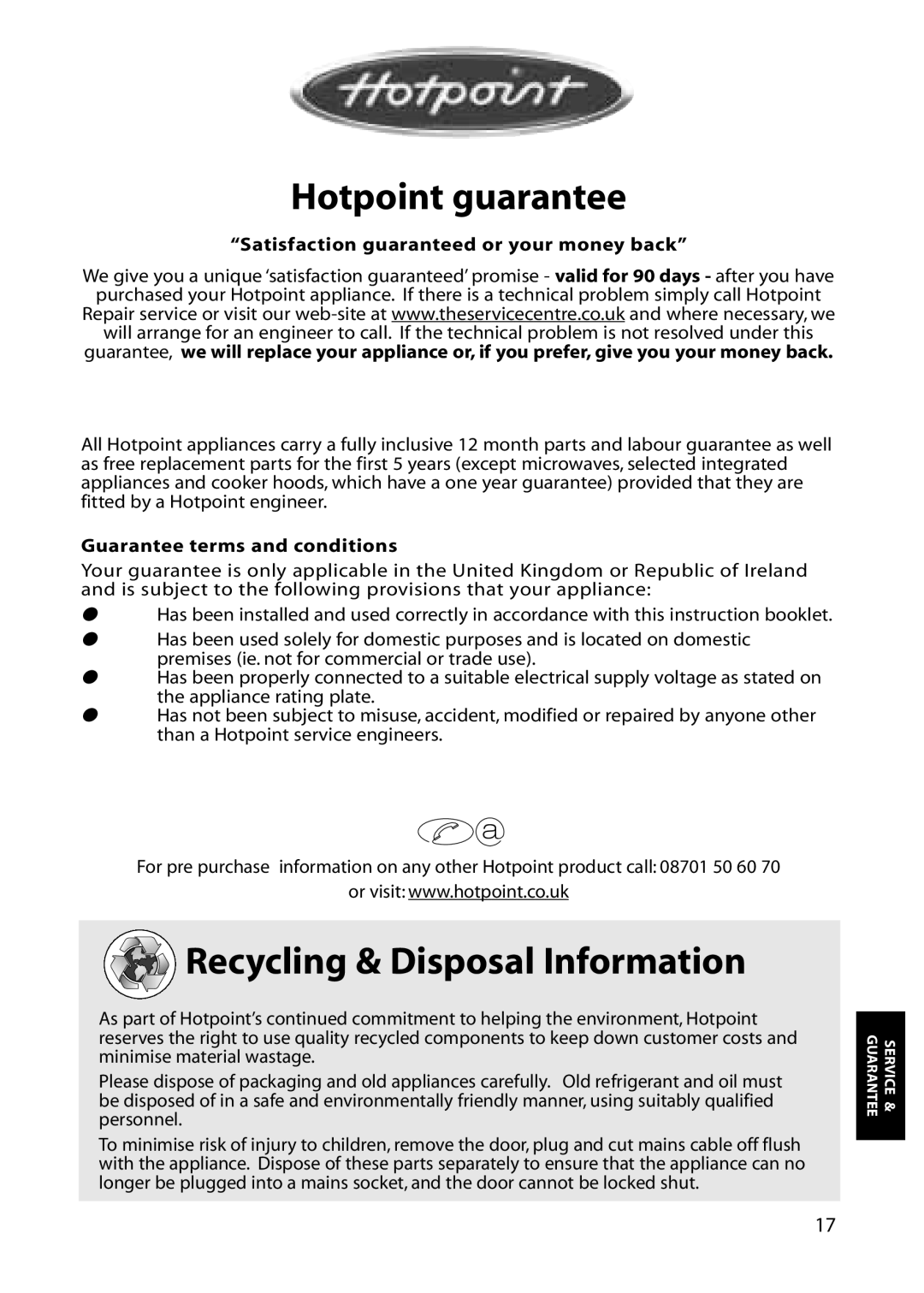 Hotpoint RZA30 manual Hotpoint guarantee, Recycling & Disposal Information 