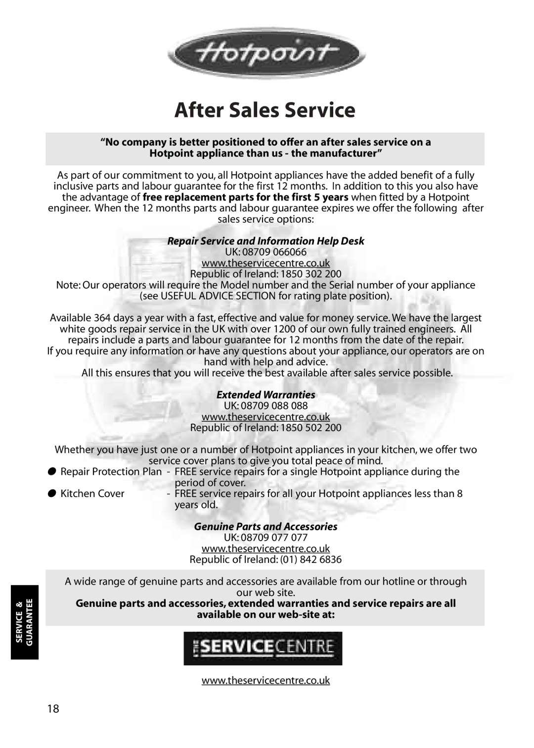 Hotpoint RZA30 manual After Sales Service, Repair Service and Information Help Desk 